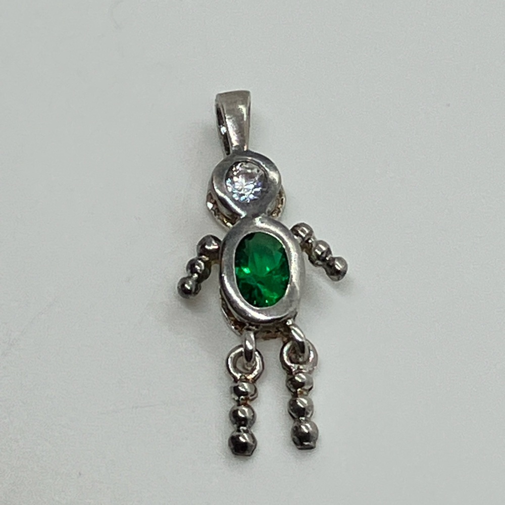Vtg 925 Sterling Silver & Green Cz May Birthstone Person Necklace Pendant